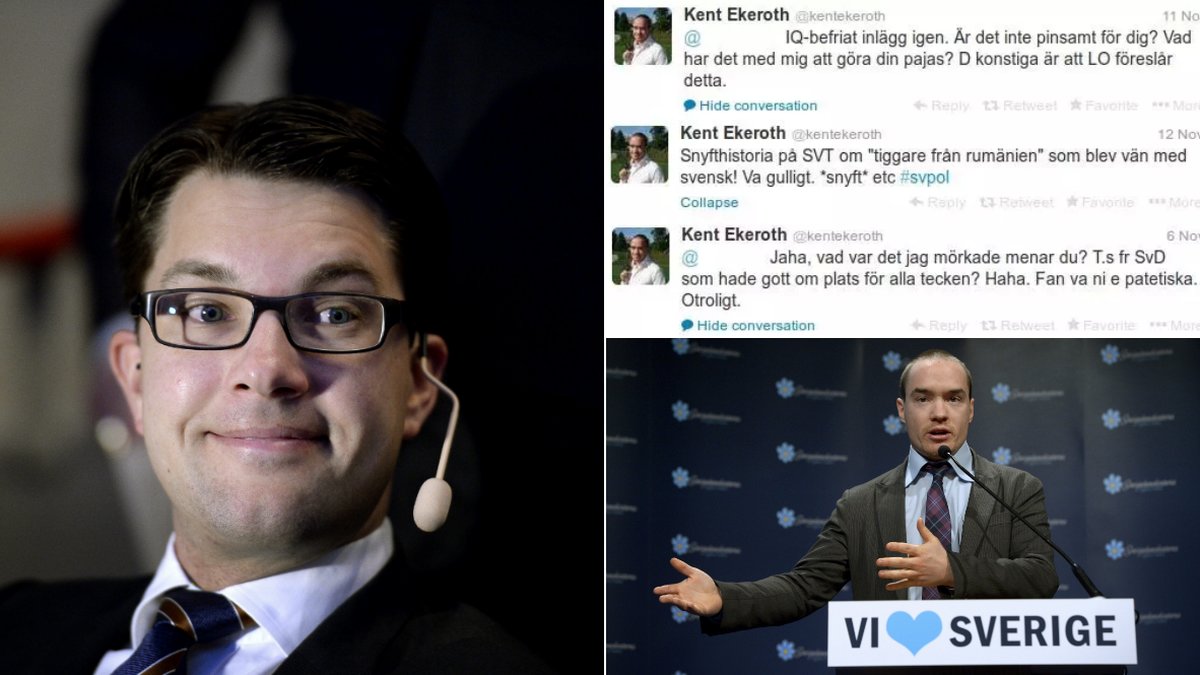 Partiledaren Jimmie Åkesson – och Kent Ekeroths uppmärksammade tweets.